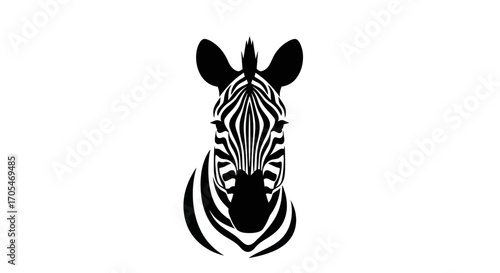 Striking Zebra Head Front View Black and White Illustration.