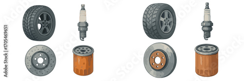 Essential automotive parts collection featuring tires, spark plugs, brake discs, and oil filters for vehicle service