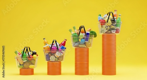 Four shopping baskets filled with groceries on pedestals of increasing height
