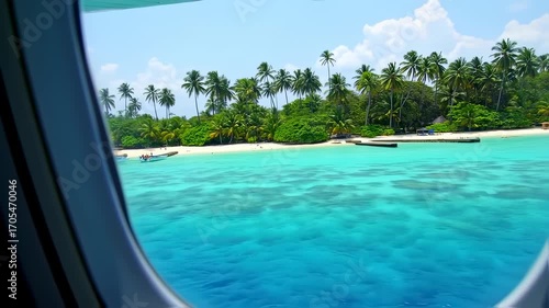 Aerial View of Tropical Island Paradise Through Airplane Window, Azure Waters
