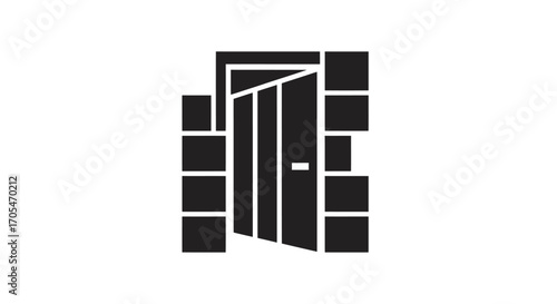 Partially open door in a brick wall black silhouette icon.