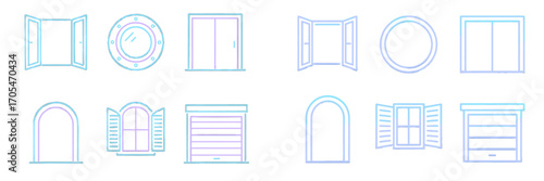 Diverse window and door frames in outline style, featuring casement, sliding, arched, and porthole designs