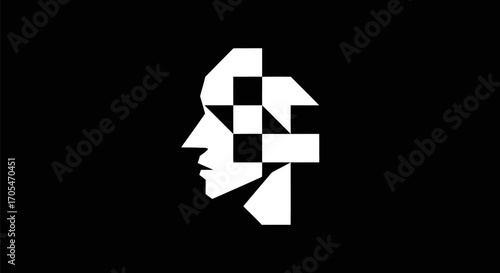 Abstract human face profile with geometric pixelated design.