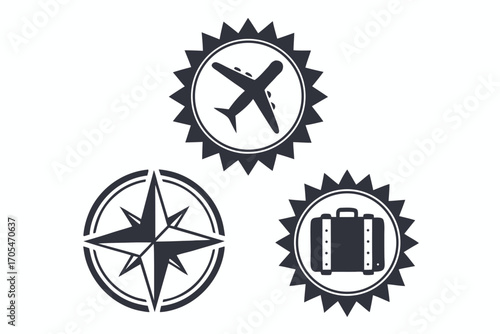 Airplane and suitcase in sunburst emblems next to a compass star