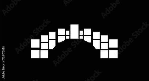 Abstract geometric arch made of white squares on a black background.
