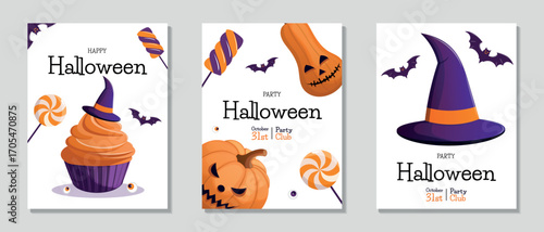 Halloween flyer set with candies, bats, scary pumpkins, witch hat, and cupcake. Vector illustration for poster, banner, invitation, sale, or flyer.