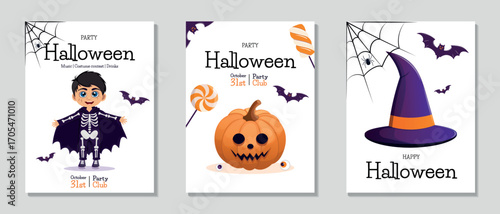Halloween flyer set. Boy in costume, scary pumpkins, witch hat, lollipops and cupcake. Vector illustration for poster, banner, invitation, sale or flyer.