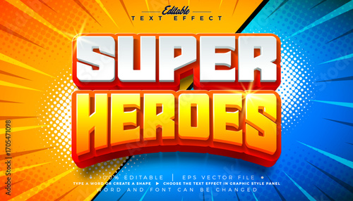 Super Heroes Comic Style Editable Text Effect Design Illustrator Graphic Style with Customizable Colorful 3d Cartoon Font on Retro Movie Background. Vector Premium Typography Lettering Illustration