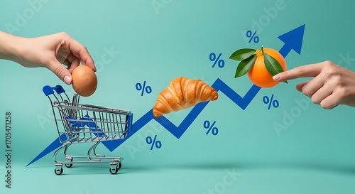 Hands adding egg to shopping cart with croissant and orange, symbolizing rising food prices