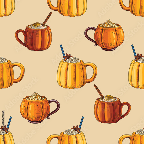Autumn elements set: pumpkin spice latte in a pumpkin mug. Vector seamless pattern.