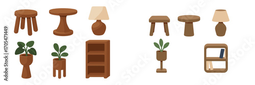Modern minimalist home furniture and decor items including stools, tables, lamps, plants, and bookshelves