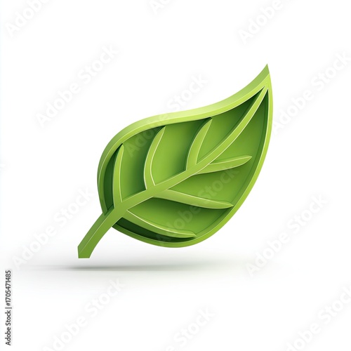 A vibrant, three-dimensional green leaf icon, rendered with subtle shadow and a slightly embossed texture, isolated on a white background