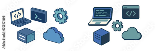 Isometric technology icons for web development, cloud computing, data storage, and system configuration