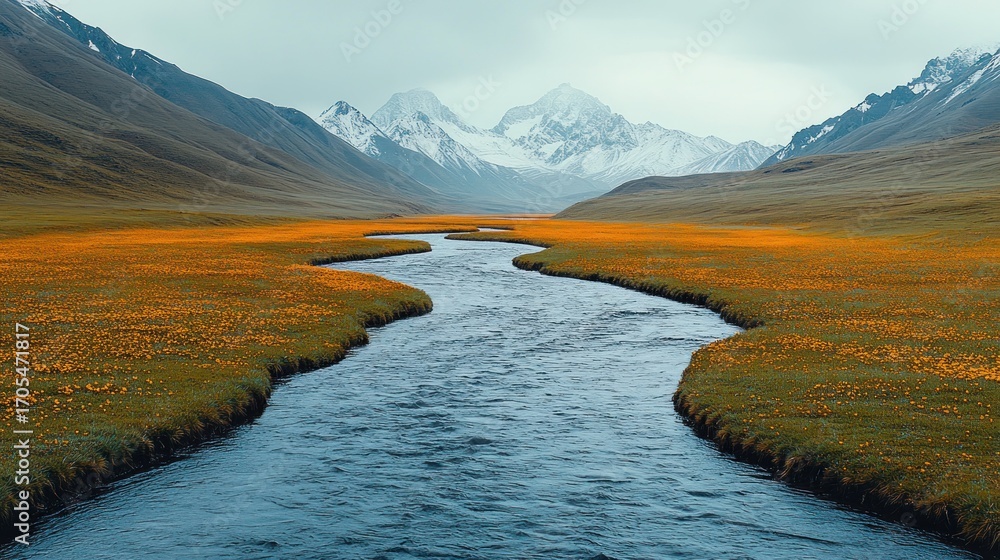 Fototapeta premium Mountain stream winding through a meadow of wildflowers, with snow-capped peaks in the distance