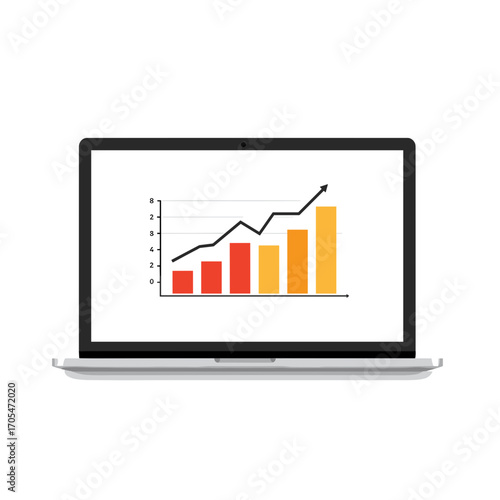 Laptop displaying a bar chart with increasing trend in red and yellow  