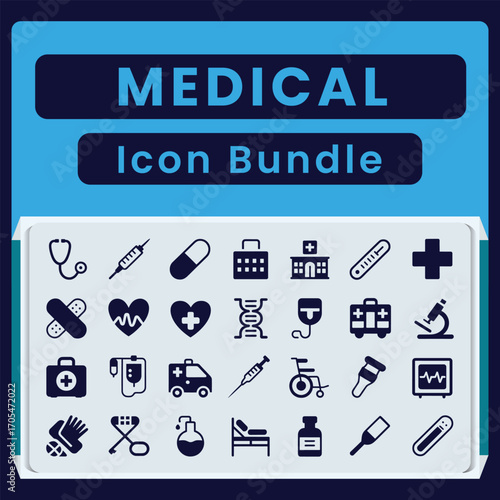 Medical icon bundle with stethoscope syringe pill hospital thermometer and D N A medical icons healthcare icons