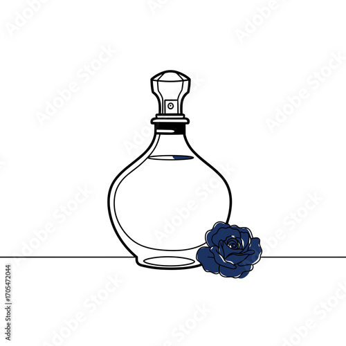 Glass perfume bottle with blue rose flower on white background  