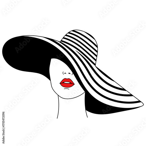 Woman wearing a wide-brimmed striped hat with red lips  