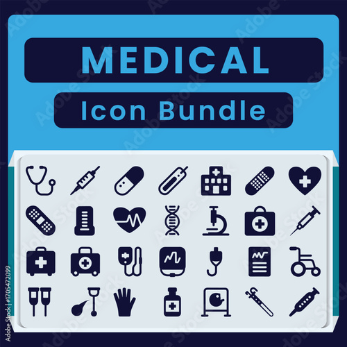 Medical icon bundle with stethoscope syringe pill thermometer hospital D N A microscope and more medical icons