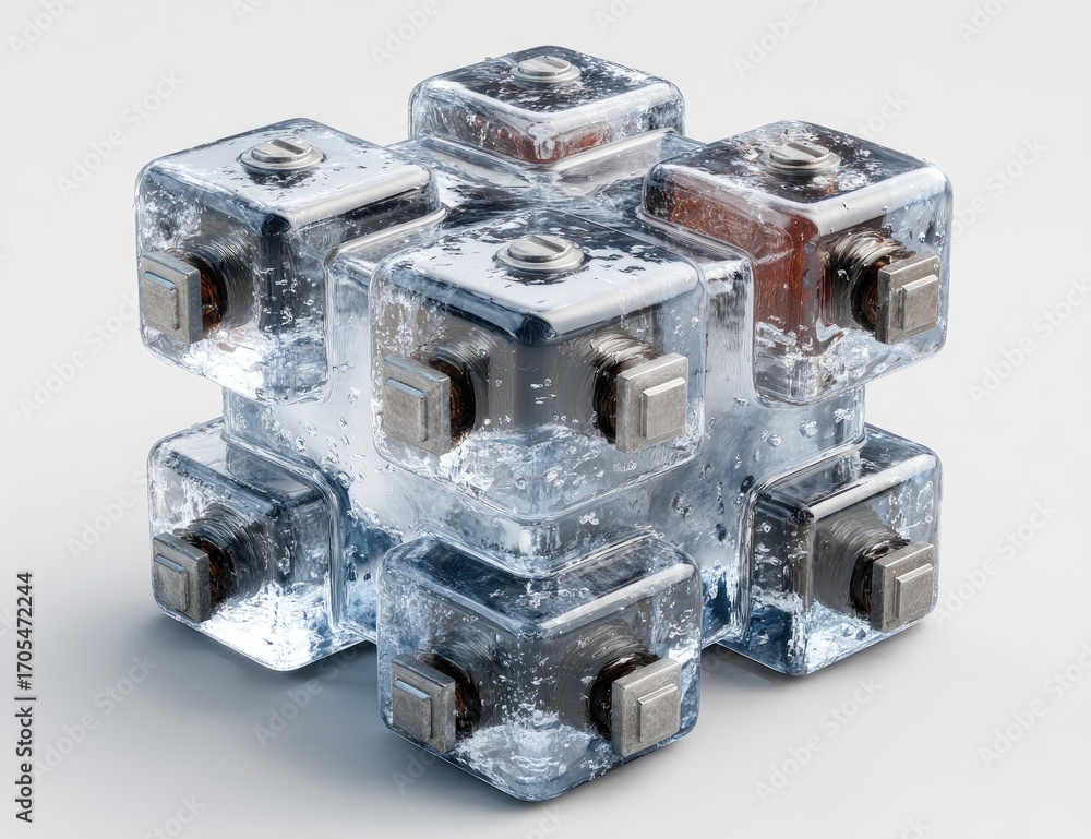 Fototapeta premium Frozen, metallic cube puzzle on white