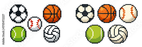 Assortment of pixel art sports balls featuring soccer, basketball, baseball, tennis, and volleyball designs
