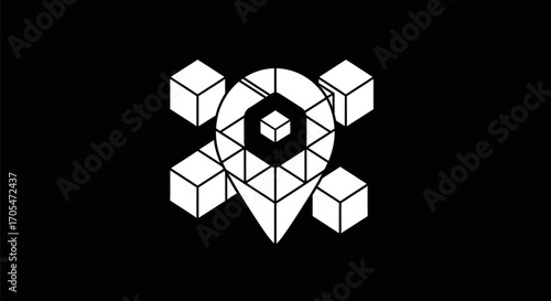 Abstract geometric location pin with surrounding cubes in a minimalist design.