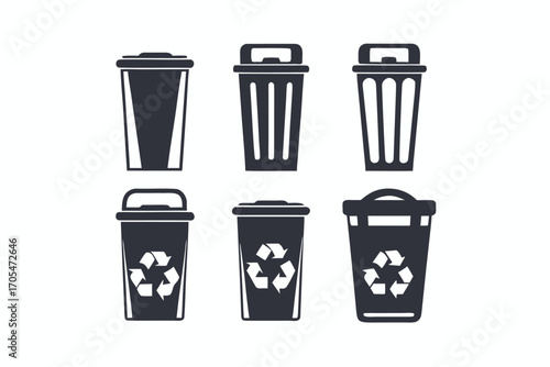 Assorted black waste bins show recycling symbols on the white backdrop