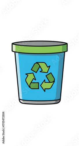 Blue recycling bin with green lid and recycling symbol.