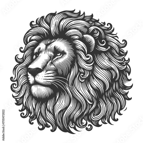 lion head with majestic mane, symbolizing power, strength, and nobility in classic style sketch engraving generative ai vector illustration. Scratch board imitation. Black and white image.