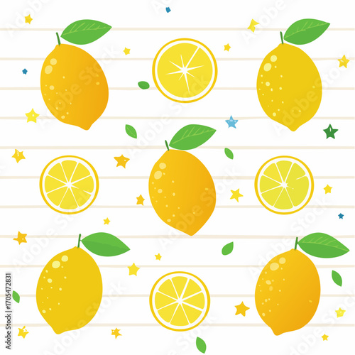 Yellow Lemons And Lemon Slices With Green Leaves On White Background