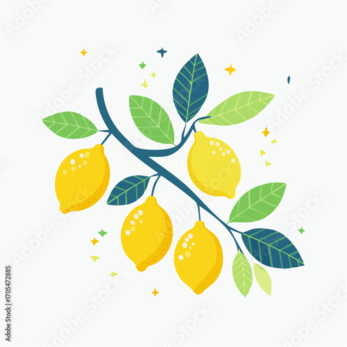 Pixel Art Lemon Branch With Green Leaves and Yellow Fruit