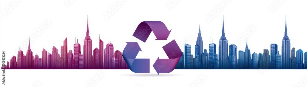 Obraz premium A stylized skyline featuring skyscrapers, with a central recycling symbol, representing urban sustainability and environmental consciousness.