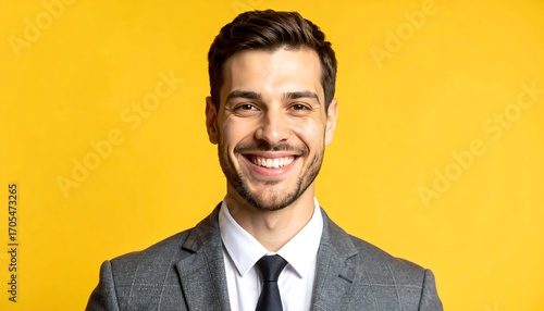 A close-up studio shot of a smiling man in a grey suit and white shirt against a bright yellow background. His expression is friendly
