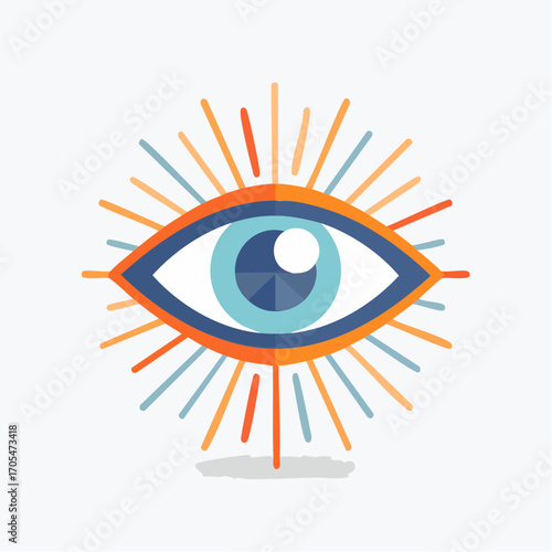 Blue Eye With Orange And Blue Rays On White Background