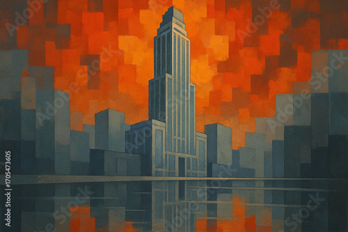 Art Deco Skyscraper Cityscape, Sunset