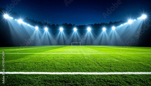 Illuminated football stadium at night with bright floodlights shining on the green grass field