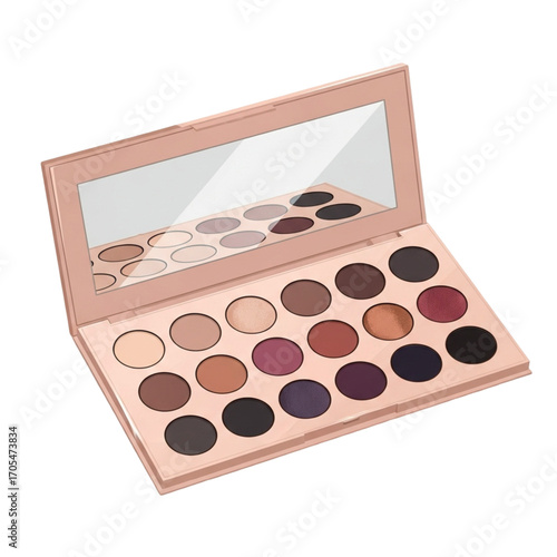 Open makeup palette with many eyeshadow colors.