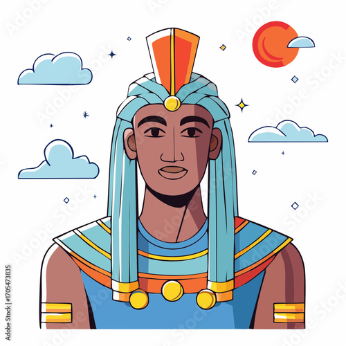 Pixel Art Portrait of Egyptian Pharaoh with Orange Headpiece and Blue Hair