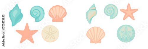 Watercolor style collection of various seashells, starfish, and sand dollars in soft pastel colors for summer design