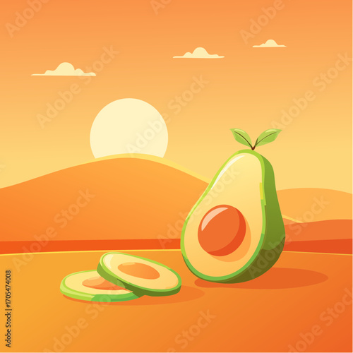 Vector minimalistic abstract avocado illustration for orange background, pattern, poster, banner or design
