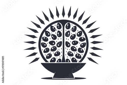 Black and white outline showcases half of pomegranate with scattered seeds on a stark white background