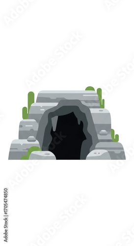 Cave Entrance With Rocks And Greenery.