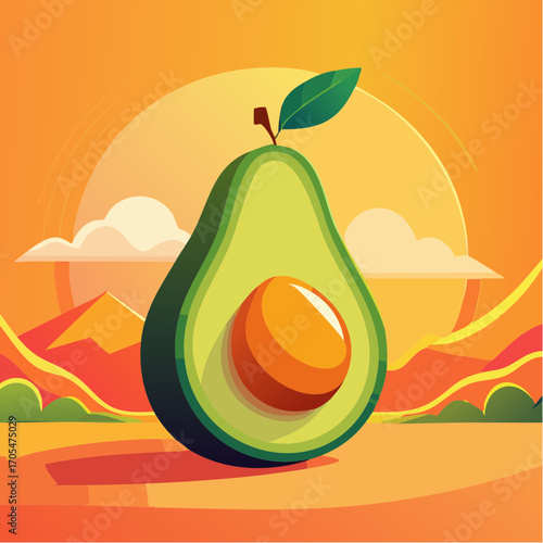 Vector minimalistic abstract avocado illustration for orange background, pattern, poster, banner or design