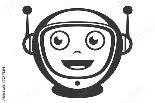 Black and white robot head shows happy expression with antennas 