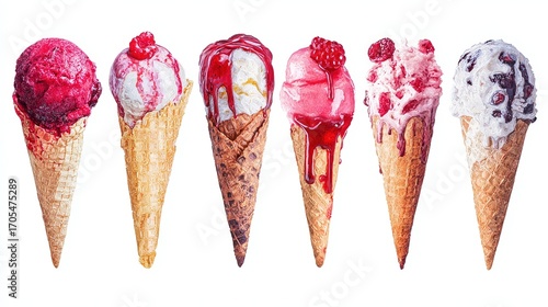 Colorful ice cream cones topped with various flavors and syrups, perfect for summer-themed marketing, dessert menus, or social media content, Ideal for food blogs and culinary promotions,