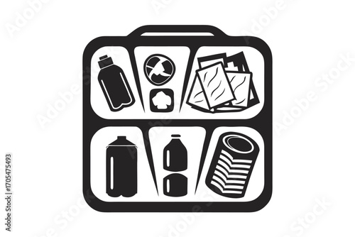 Black and white showcases organized bento box contents perfectly isolated