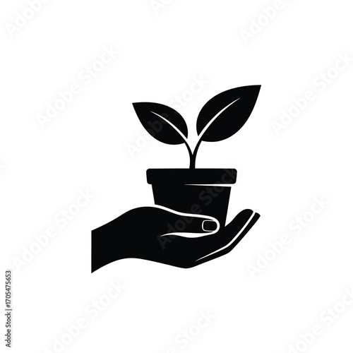 Black Silhouette Icon of a Hand Holding a Potted Plant with Two Green Leaves Keywords: hand, holding, plant, pot, seedling, sprout, growth, gardening, nature, life, care