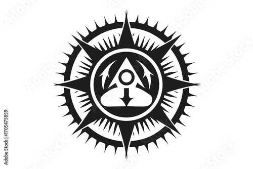 Black and white spiked sunburst surrounds an enigmatic central symbol