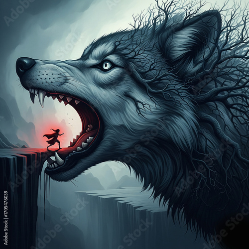 Fierce wolf with glowing mouth and tiny figure