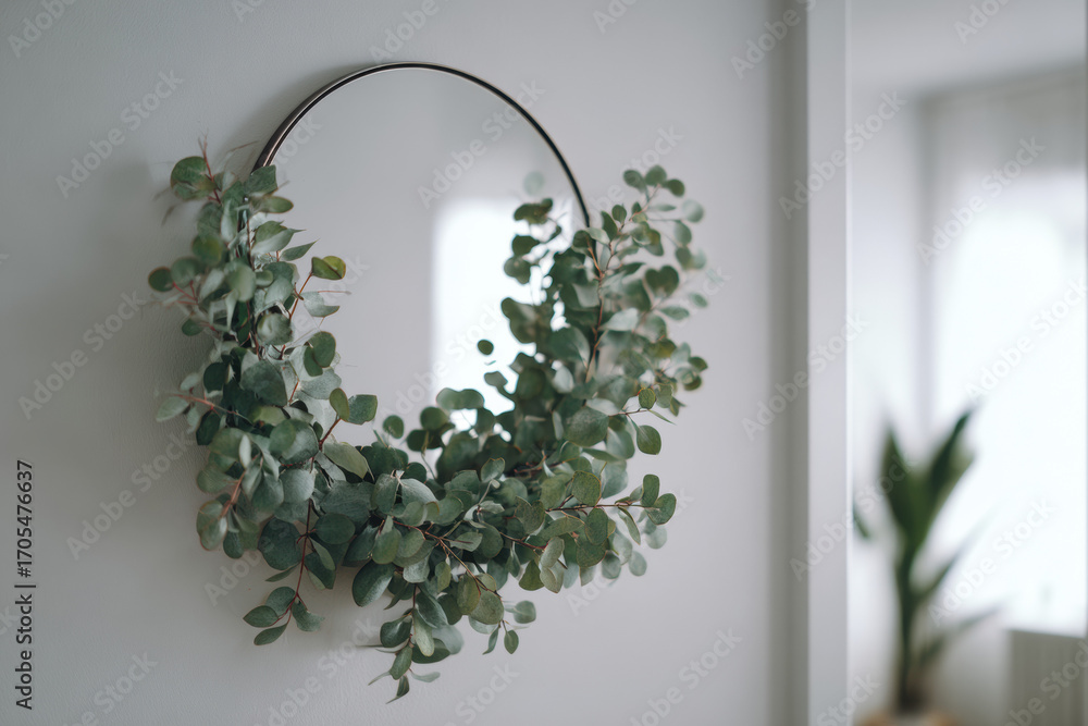 Fototapeta premium Round mirror on white wall decorated with eucalyptus wreath in bright minimal interior with soft natural light and plant reflection